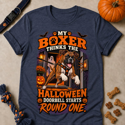 My Boxer Thinks The Halloween Doorbell Starts Round One Colored Print T-Shirt - Heather Navy - Brooke & Belle