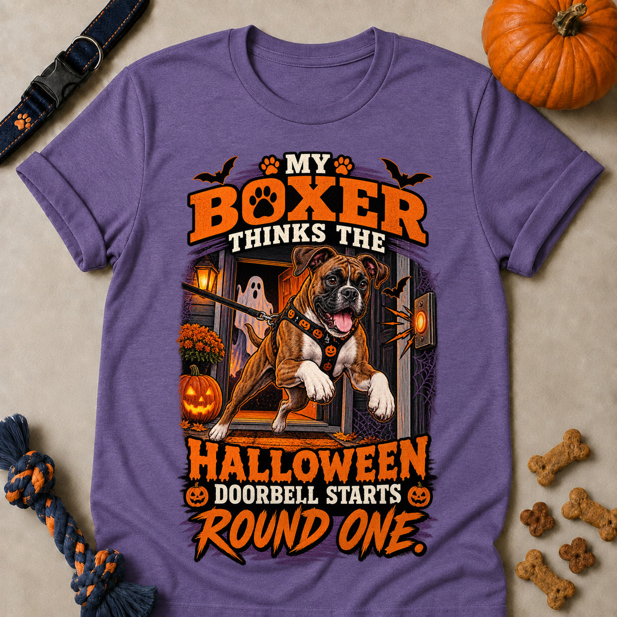 My Boxer Thinks The Halloween Doorbell Starts Round One Colored Print T-Shirt - Heather Purple - Brooke & Belle
