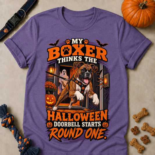 My Boxer Thinks The Halloween Doorbell Starts Round One Colored Print T-Shirt - Heather Purple - Brooke & Belle