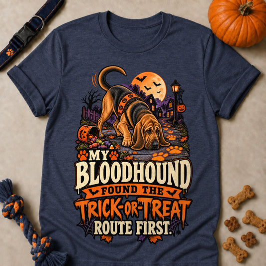 My Bloodhound Found The Trick-Or-Treat Route First Colored Print T-Shirt - Heather Navy - Brooke & Belle