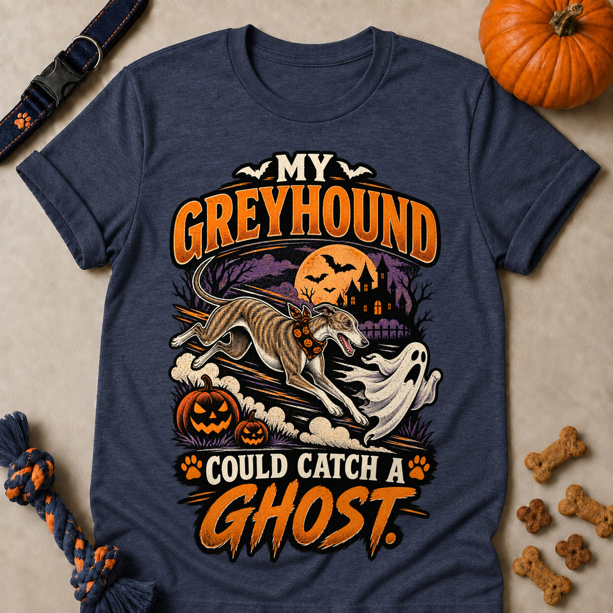 My Greyhound Could Catch A Ghost Colored Print T-Shirt - Heather Navy - Brooke & Belle