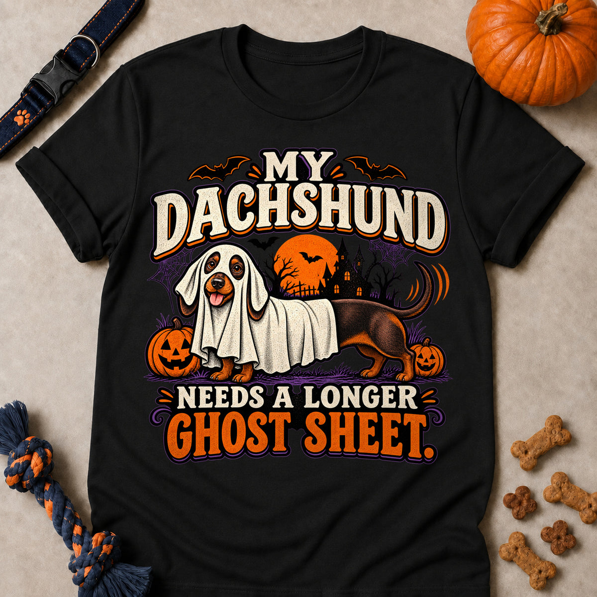 My Dachshund Needs A Longer Ghost Sheet Colored Print T-Shirt - Black - Brooke & Belle