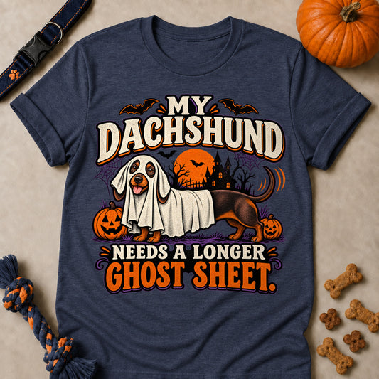 My Dachshund Needs A Longer Ghost Sheet Colored Print T-Shirt - Heather Navy - Brooke & Belle