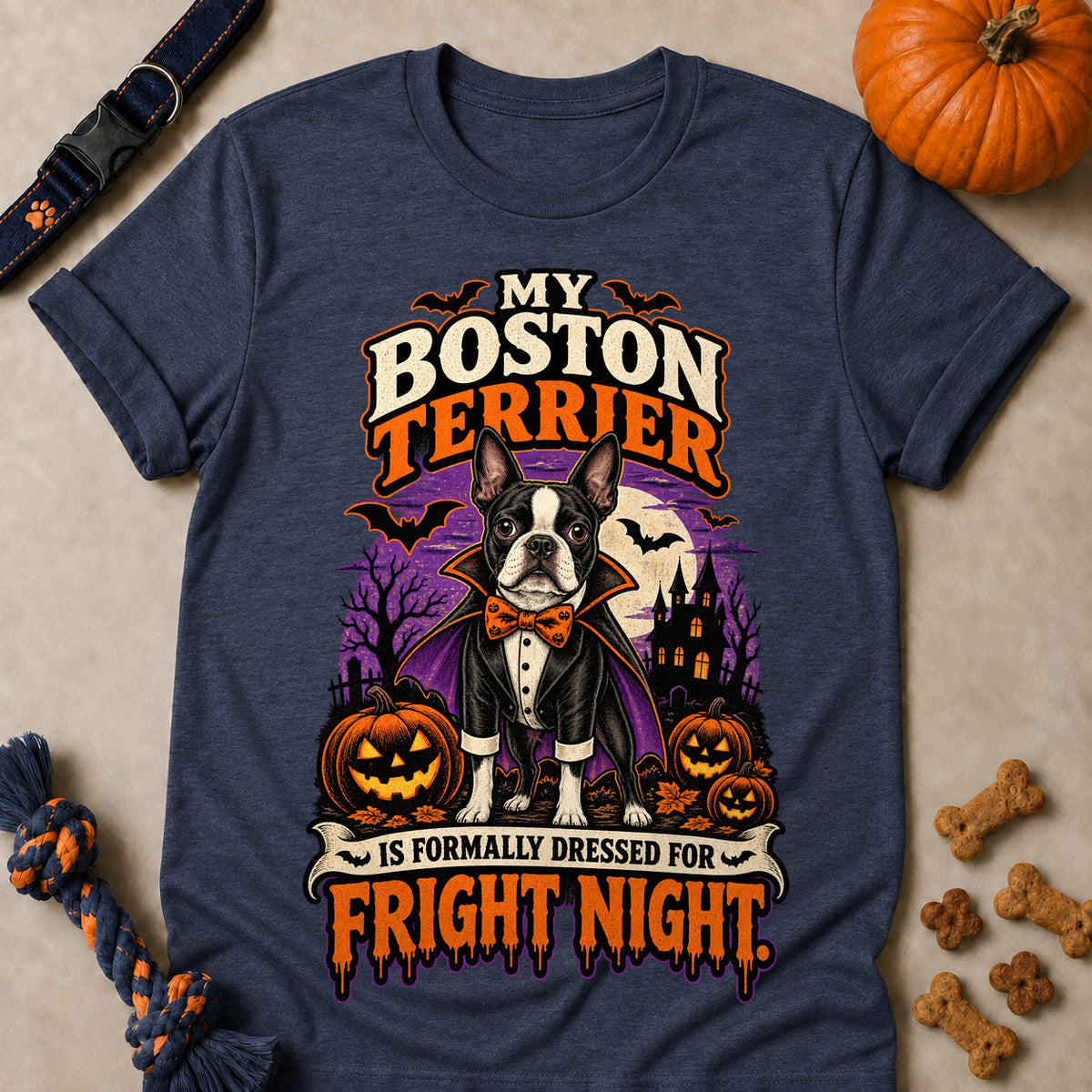 My Boston Terrier Is Formally Dressed For Fright Night Colored Print T-Shirt - Heather Navy - Brooke & Belle