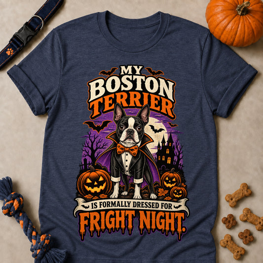 My Boston Terrier Is Formally Dressed For Fright Night Colored Print T-Shirt - Heather Navy - Brooke & Belle