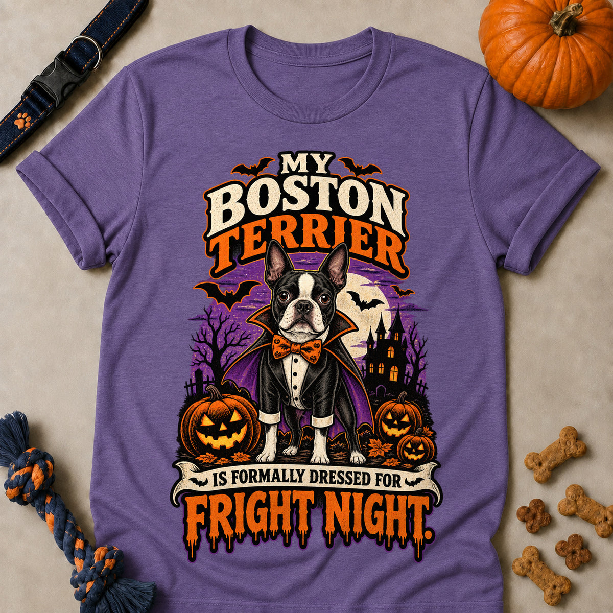 My Boston Terrier Is Formally Dressed For Fright Night Colored Print T-Shirt - Heather Purple - Brooke & Belle
