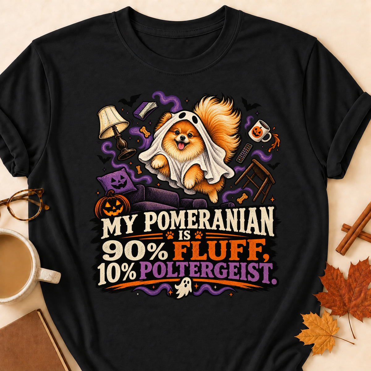My Pomeranian Is 90% Fluff, 10% Poltergeist Colored Print T-Shirt - Black - Brooke & Belle