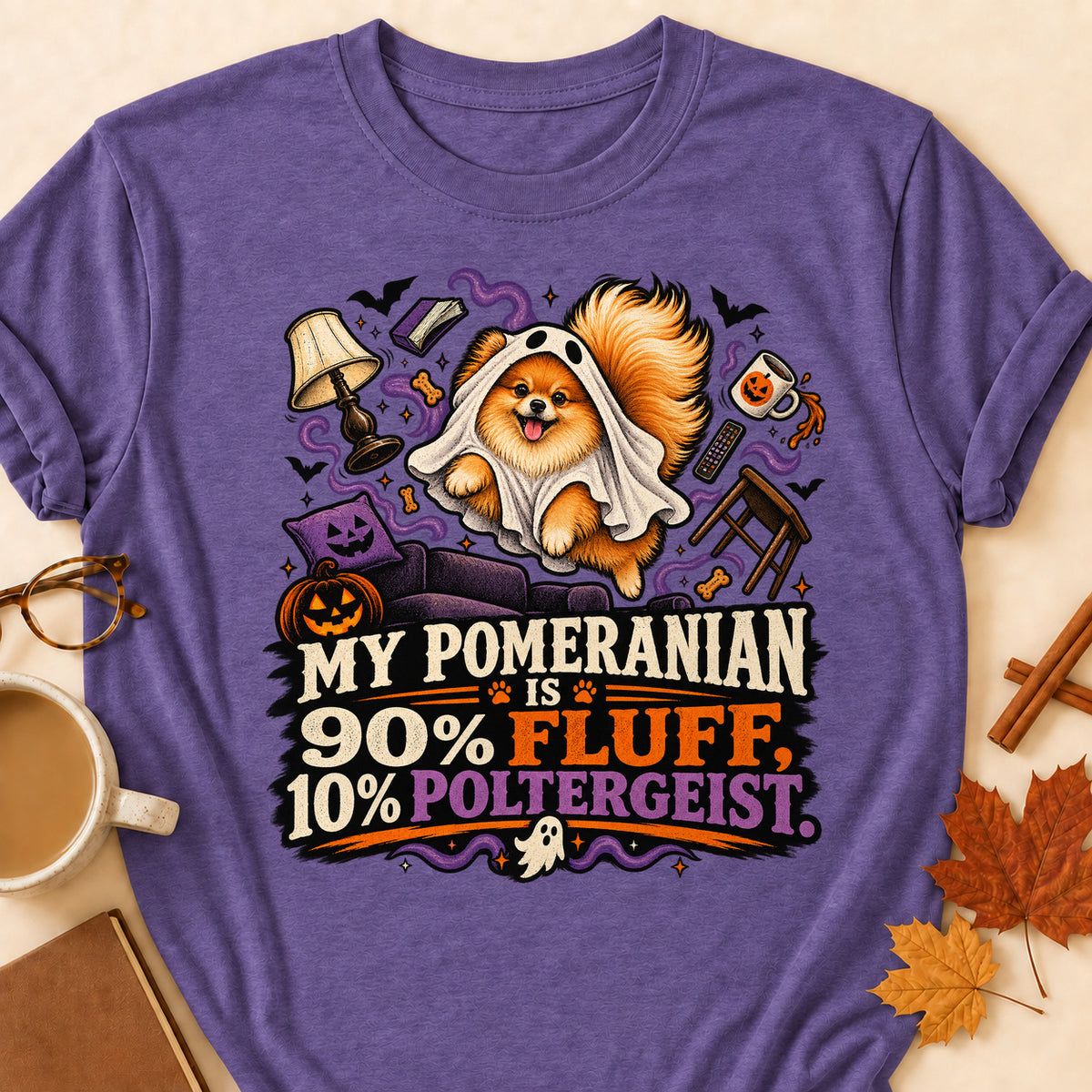 My Pomeranian Is 90% Fluff, 10% Poltergeist Colored Print T-Shirt - Heather Purple - Brooke & Belle