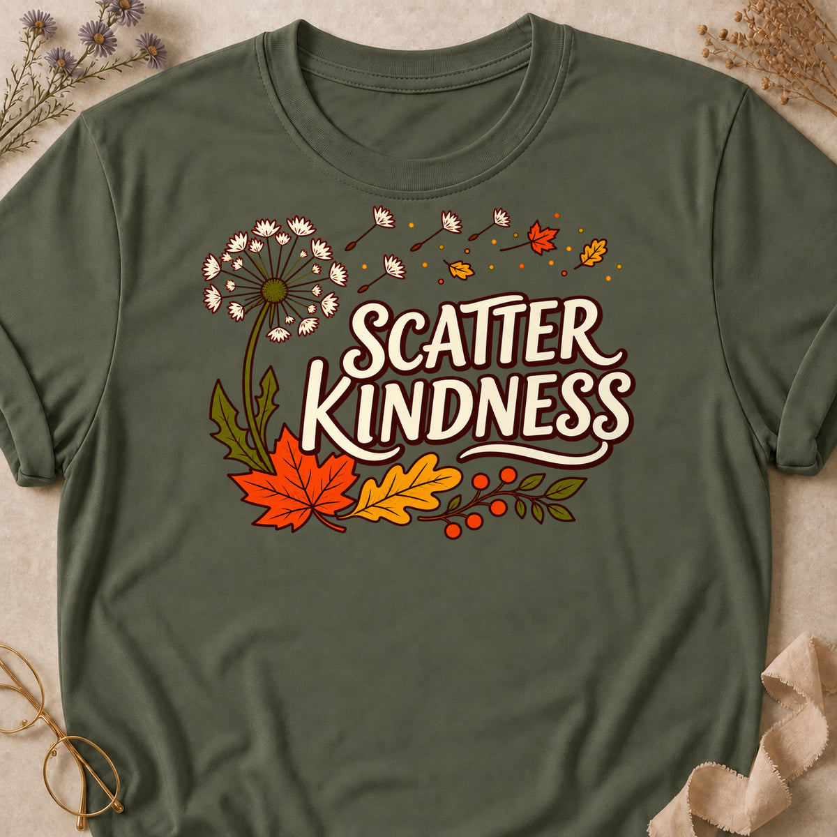 Scatter Kindness Fall Colored Print T-Shirt - Military Green - Brooke & Belle