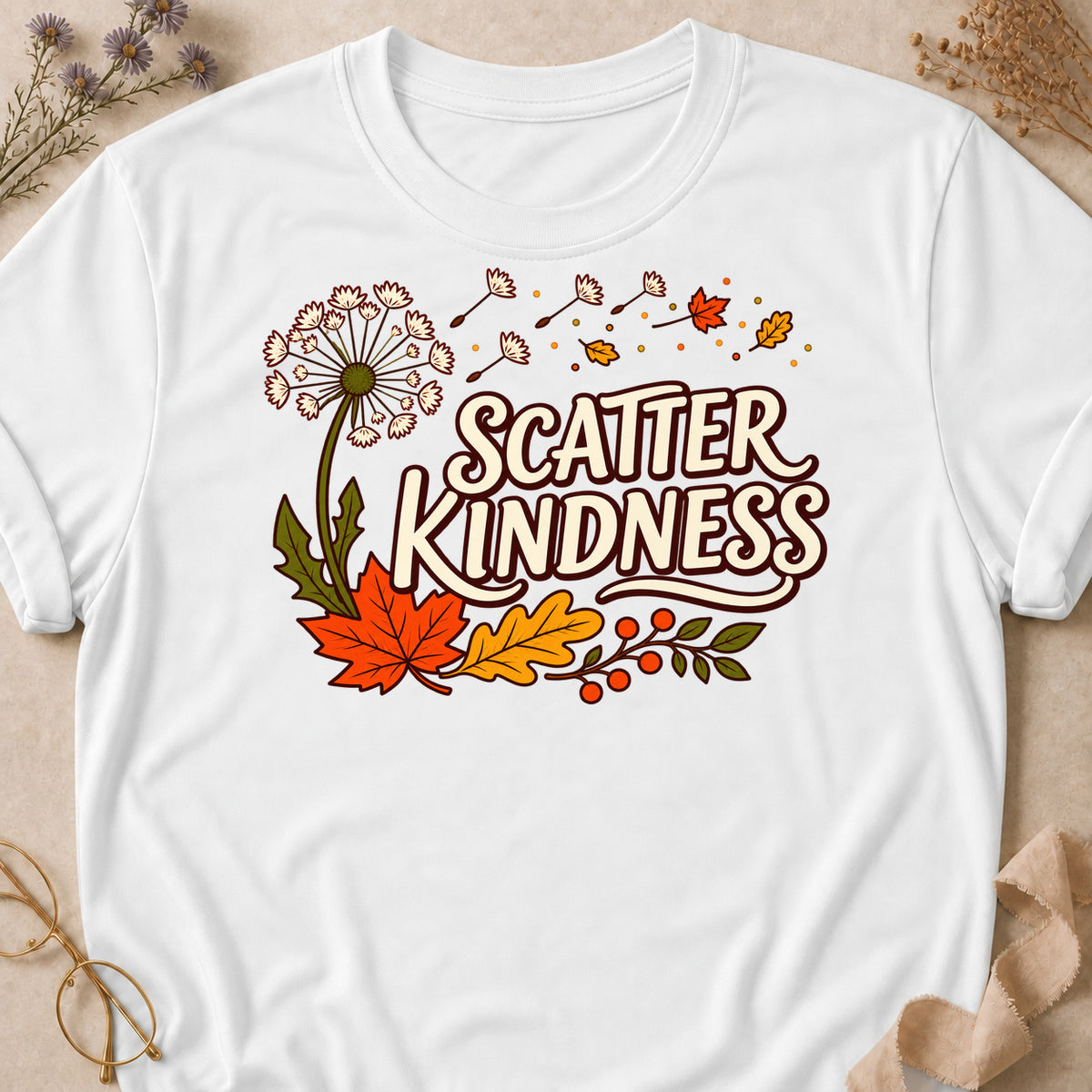 Scatter Kindness Fall Colored Print T-Shirt - White - Brooke & Belle