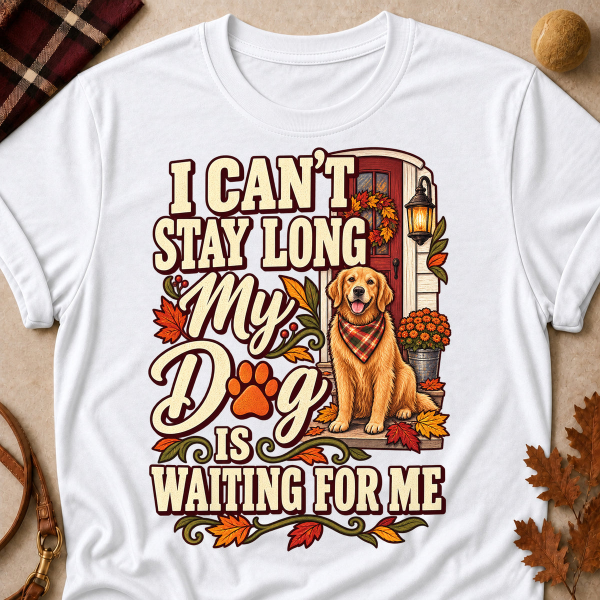 Dog Is Waiting For Me Fall Colored Print T-Shirt - White - Brooke & Belle