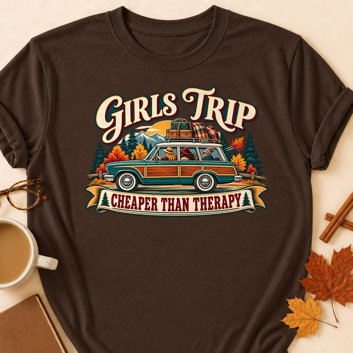 Girls Trip Cheaper Than Therapy Fall Colored Print T-Shirt - Dark Chocolate - Brooke & Belle