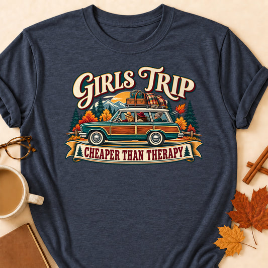 Girls Trip Cheaper Than Therapy Fall Colored Print T-Shirt - Heather Navy - Brooke & Belle