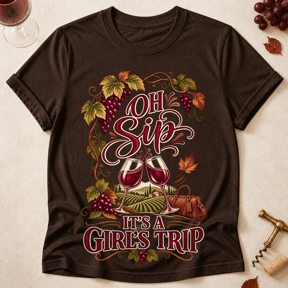 Oh Sip It's A Girl's Trip Fall Colored Print T-Shirt - Dark Chocolate - Brooke & Belle