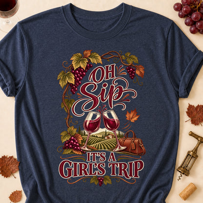 Oh Sip It's A Girl's Trip Fall Colored Print T-Shirt - Heather Navy - Brooke & Belle