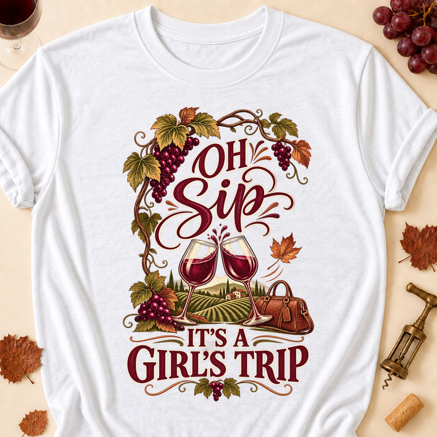 Oh Sip It's A Girl's Trip Fall Colored Print T-Shirt
