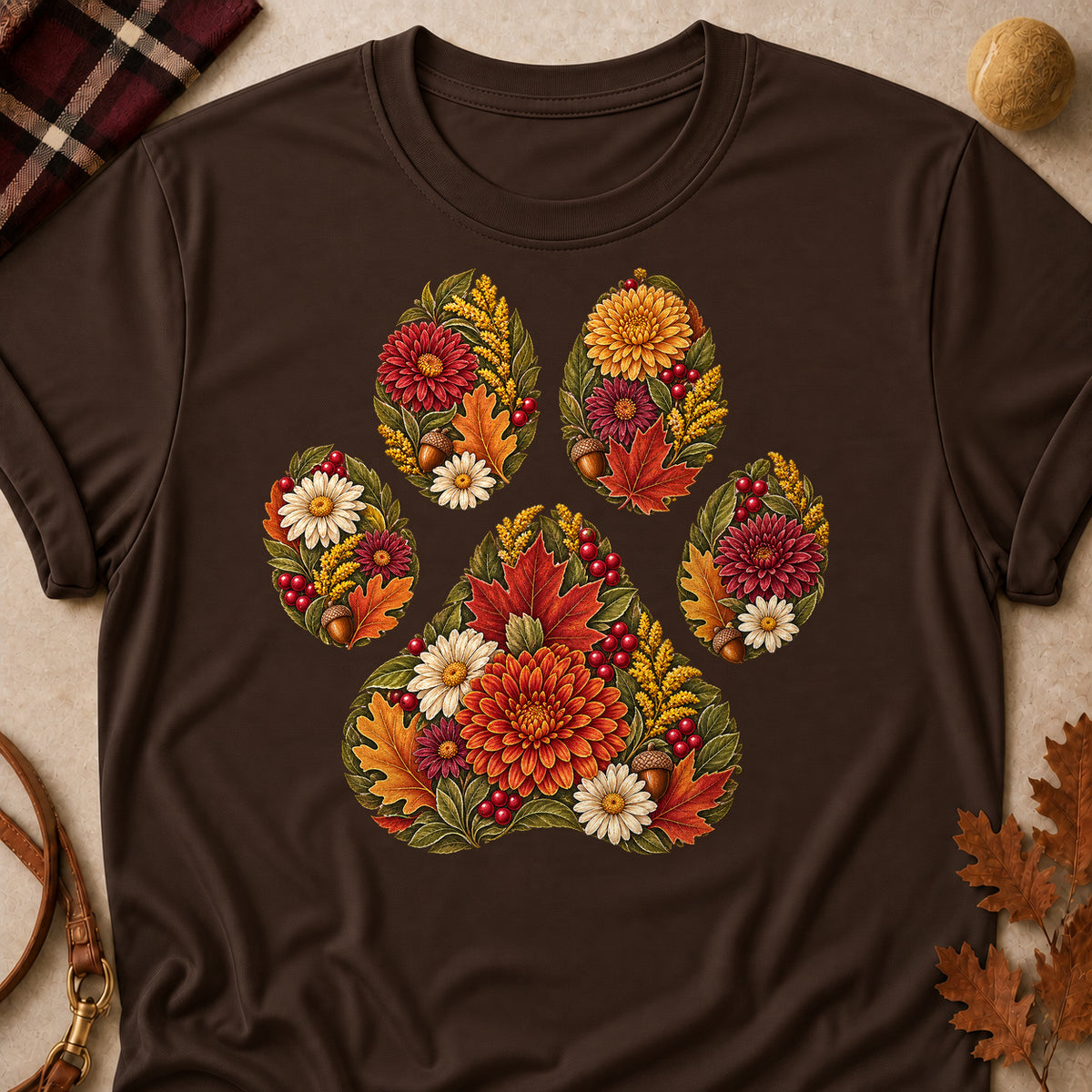 Floral Paw Print Fall Colored Print T-Shirt - Dark Chocolate - Brooke & Belle
