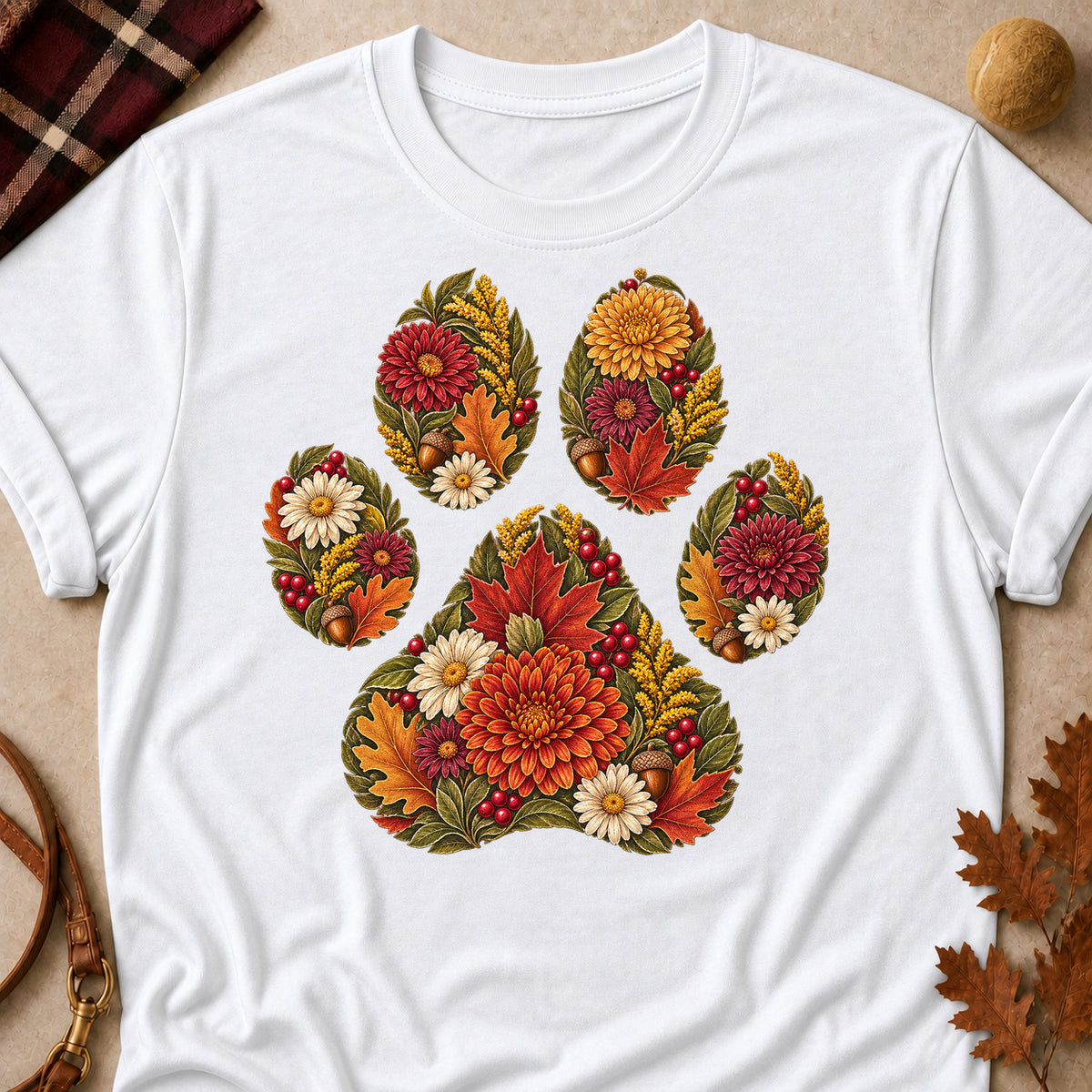 Floral Paw Print Fall Colored Print T-Shirt - White - Brooke & Belle