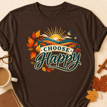 Choose Happy Fall Colored Print T-Shirt - Dark Chocolate - Brooke & Belle