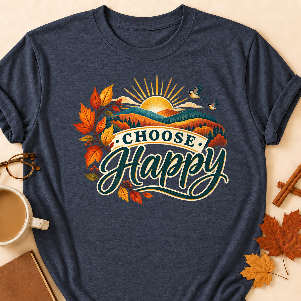 Choose Happy Fall Colored Print T-Shirt - Heather Navy - Brooke & Belle