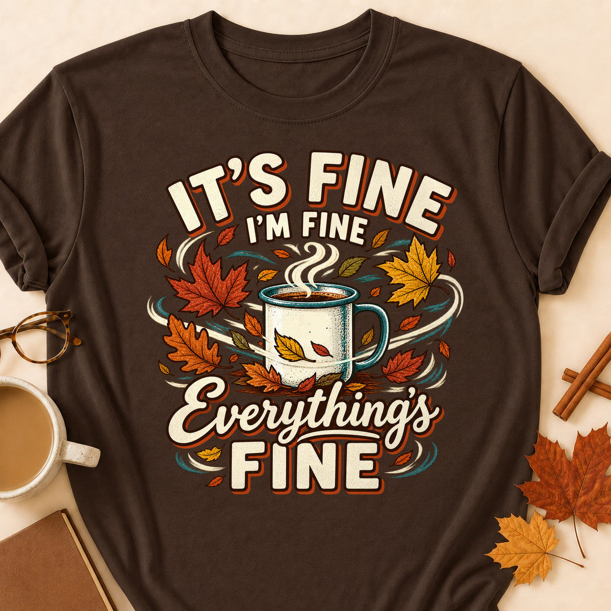 It's Fine I'm Fine Everything's Fine Fall Colored Print T-Shirt - Dark Chocolate - Brooke & Belle