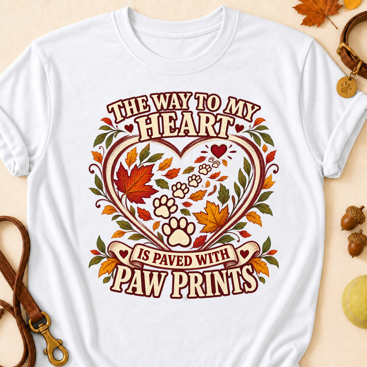 Way To My Heart Paw Prints Fall Colored Print T-Shirt - White - Brooke & Belle