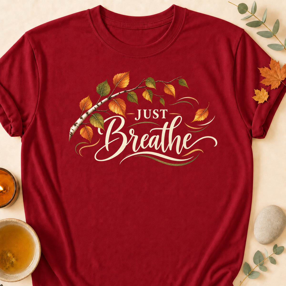 Just Breathe Fall Colored Print T-Shirt - Cardinal Red - Brooke & Belle