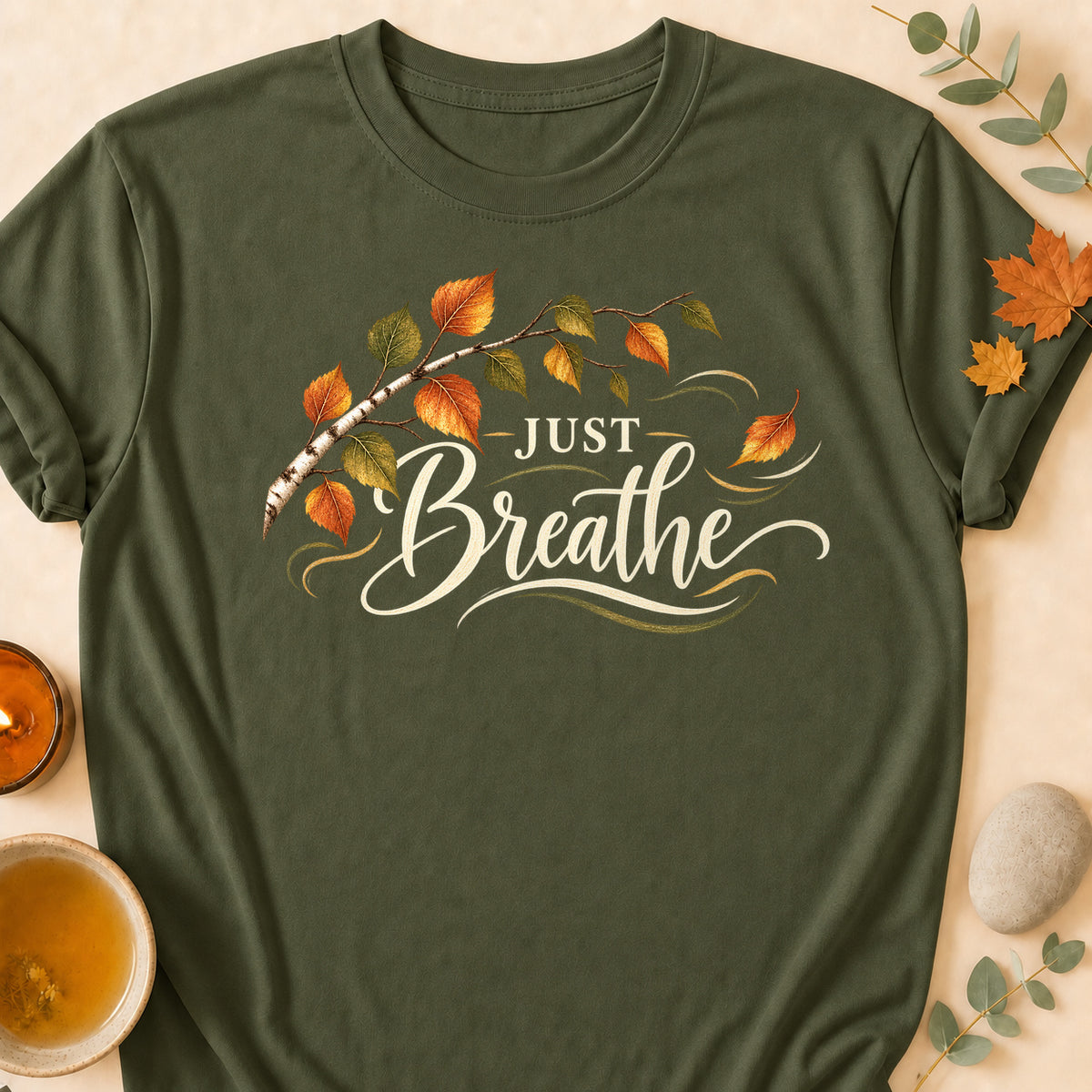 Just Breathe Fall Colored Print T-Shirt - Military Green - Brooke & Belle
