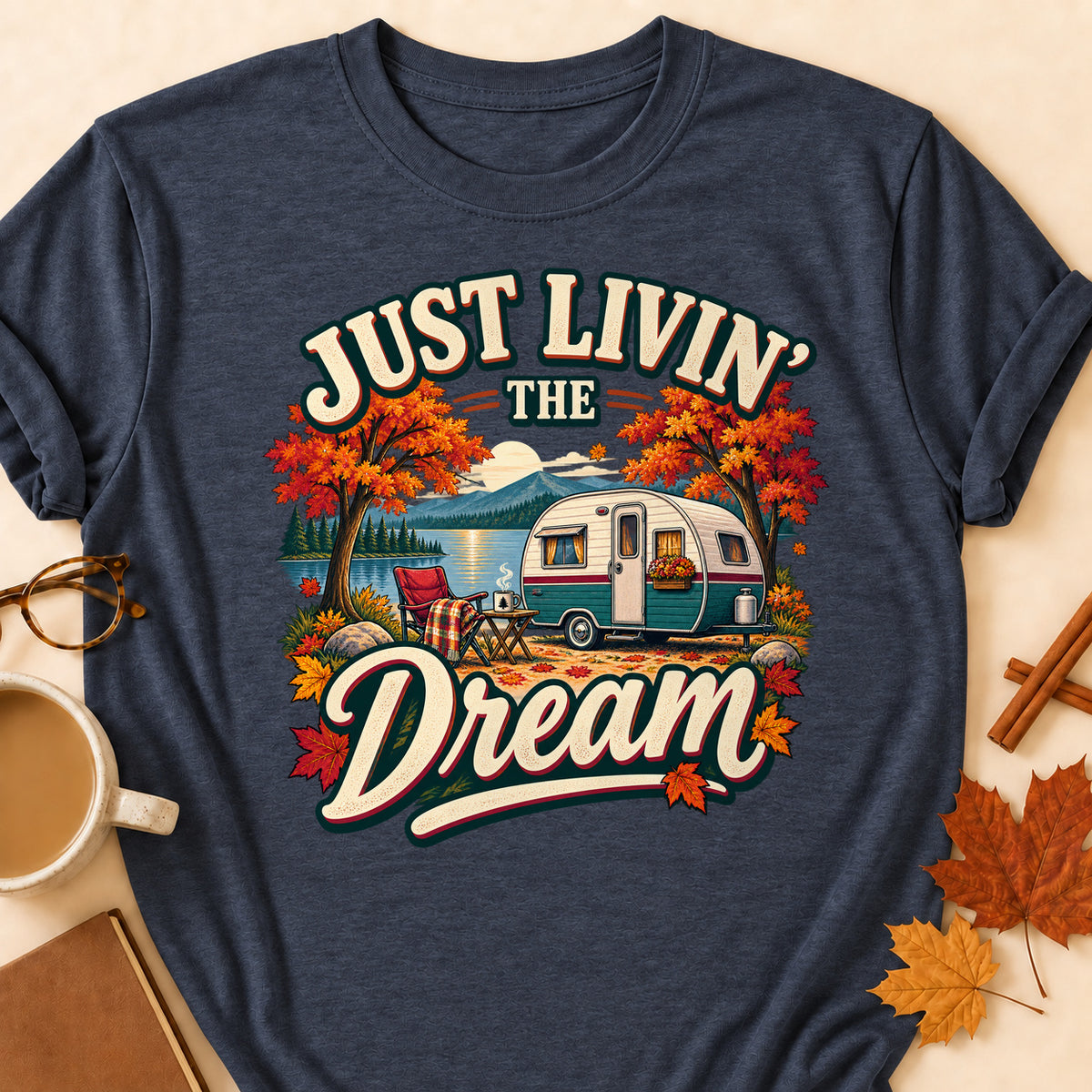 Just Livin' The Dream Fall Colored Print T-Shirt - Heather Navy - Brooke & Belle