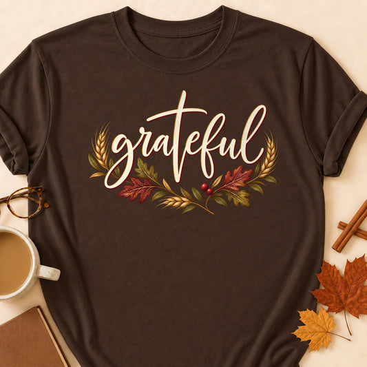 Grateful Fall Colored Print T-Shirt - Dark Chocolate - Brooke & Belle