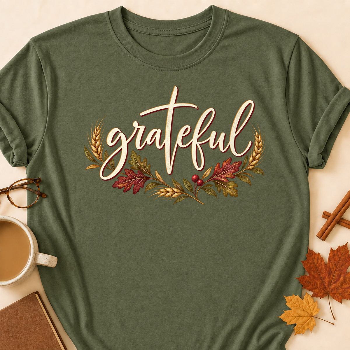 Grateful Fall Colored Print T-Shirt - Military Green - Brooke & Belle