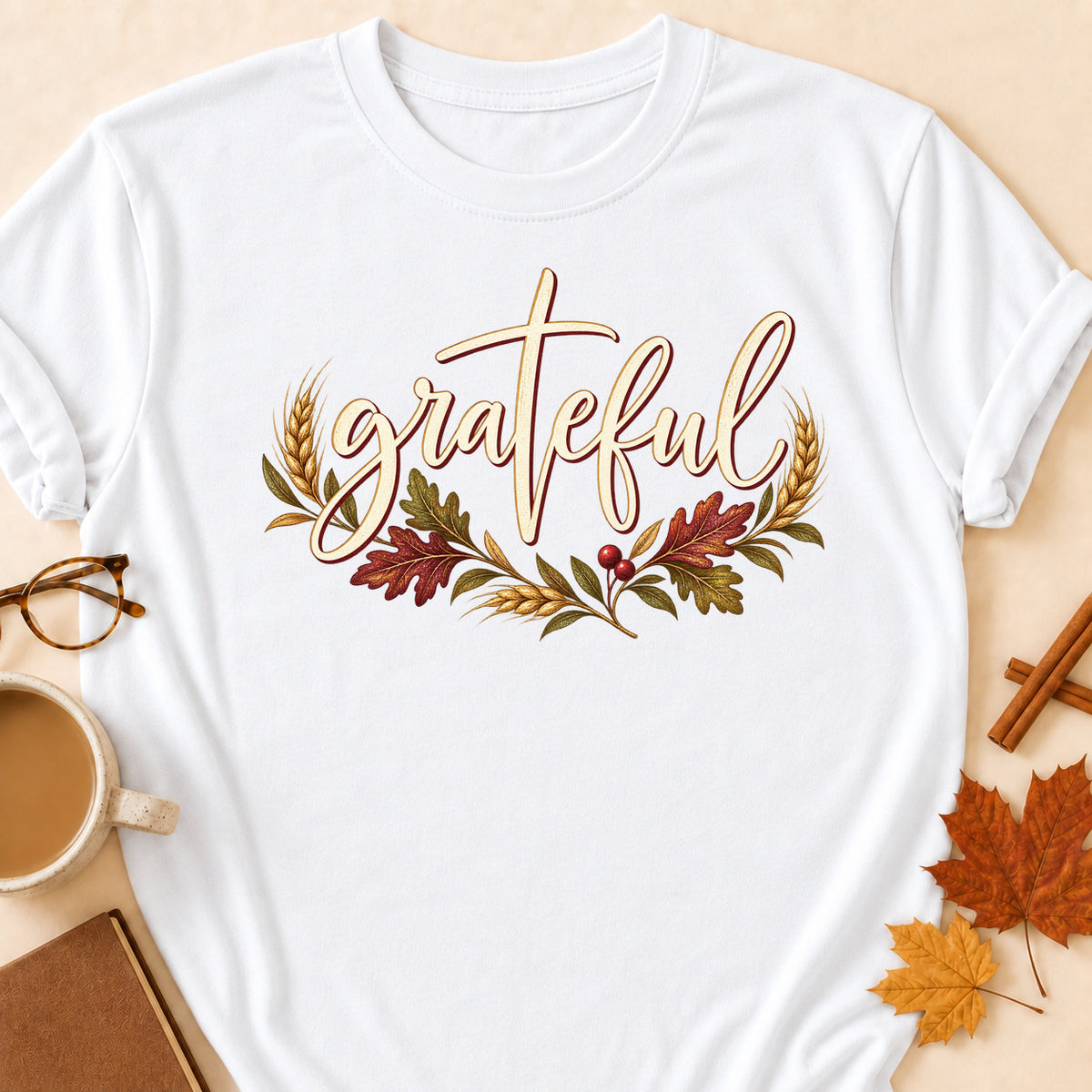 Grateful Fall Colored Print T-Shirt - White - Brooke & Belle