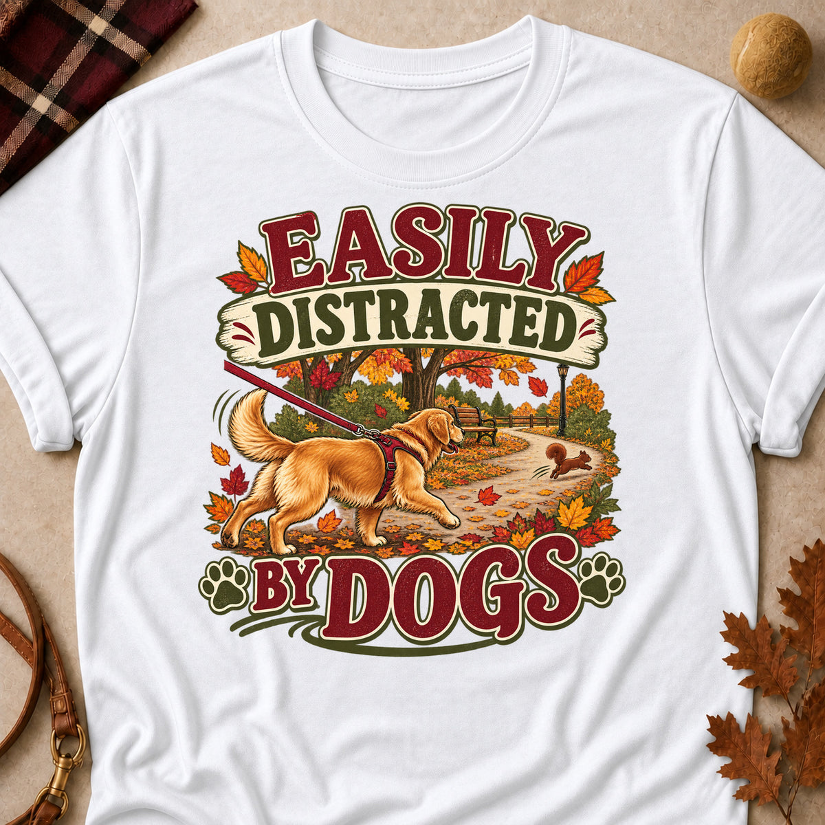 Easily Distracted By Dogs Fall Colored Print T-Shirt - White - Brooke & Belle