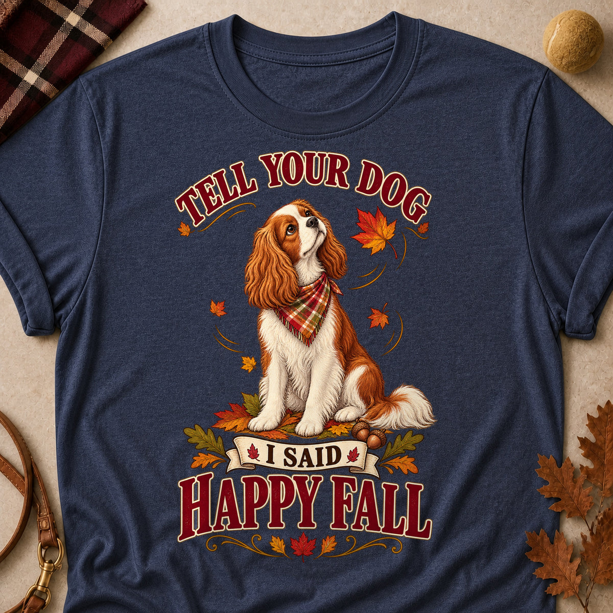 Tell Your Dog Happy Fall Colored Print T-Shirt - Heather Navy - Brooke & Belle