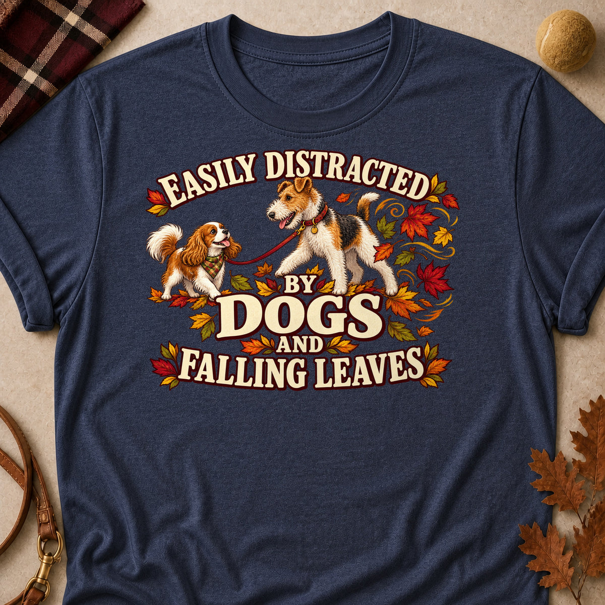 Distracted Dogs Leaves Colored Print T-Shirt - Heather Navy - Brooke & Belle