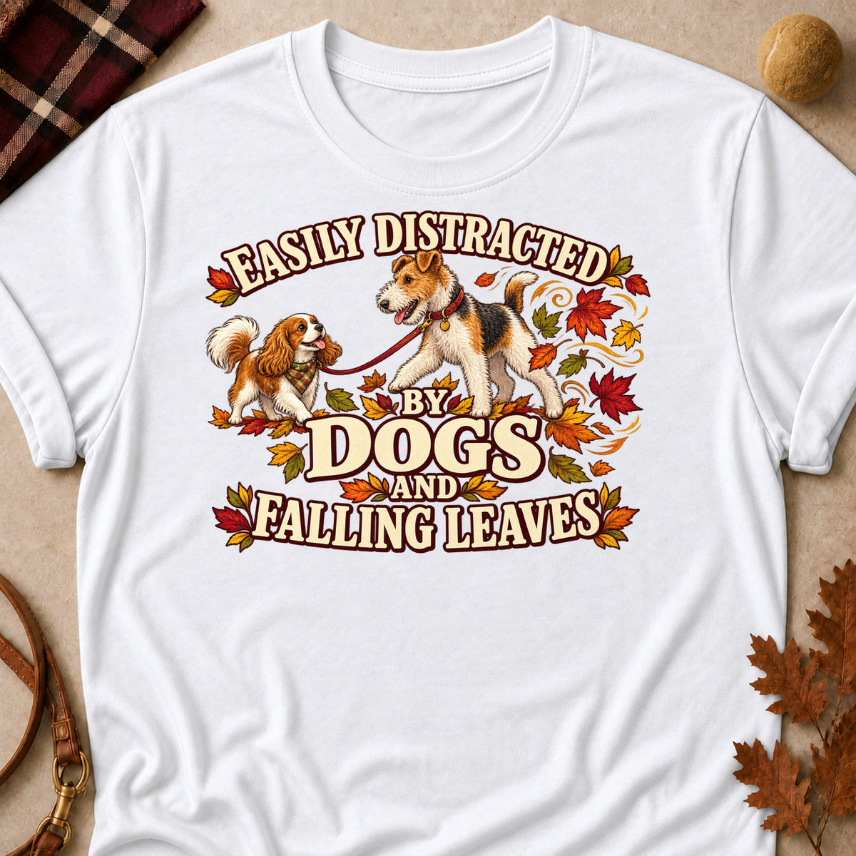 Distracted Dogs Leaves Colored Print T-Shirt - White - Brooke & Belle