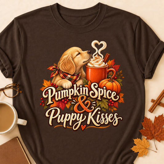 Pumpkin Spice Puppy Kisses Colored Print T-Shirt - Dark Chocolate - Brooke & Belle