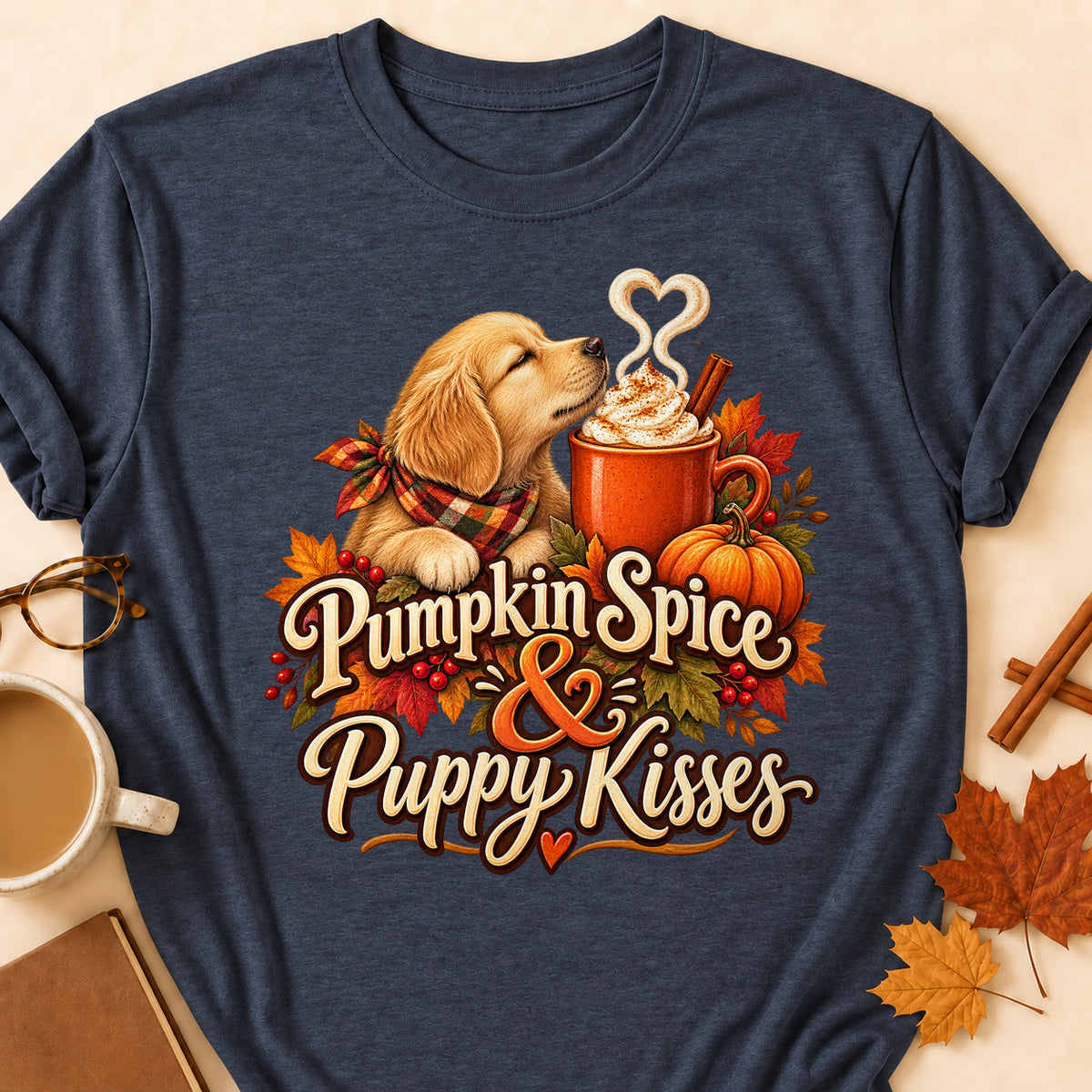 Pumpkin Spice Puppy Kisses Colored Print T-Shirt - Heather Navy - Brooke & Belle