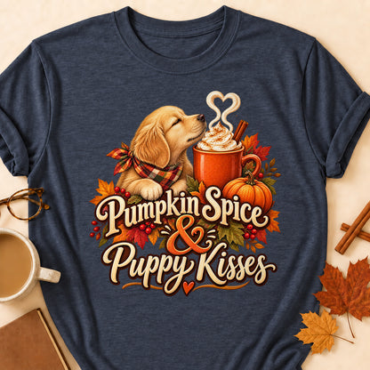 Pumpkin Spice Puppy Kisses Colored Print T-Shirt - Heather Navy - Brooke & Belle