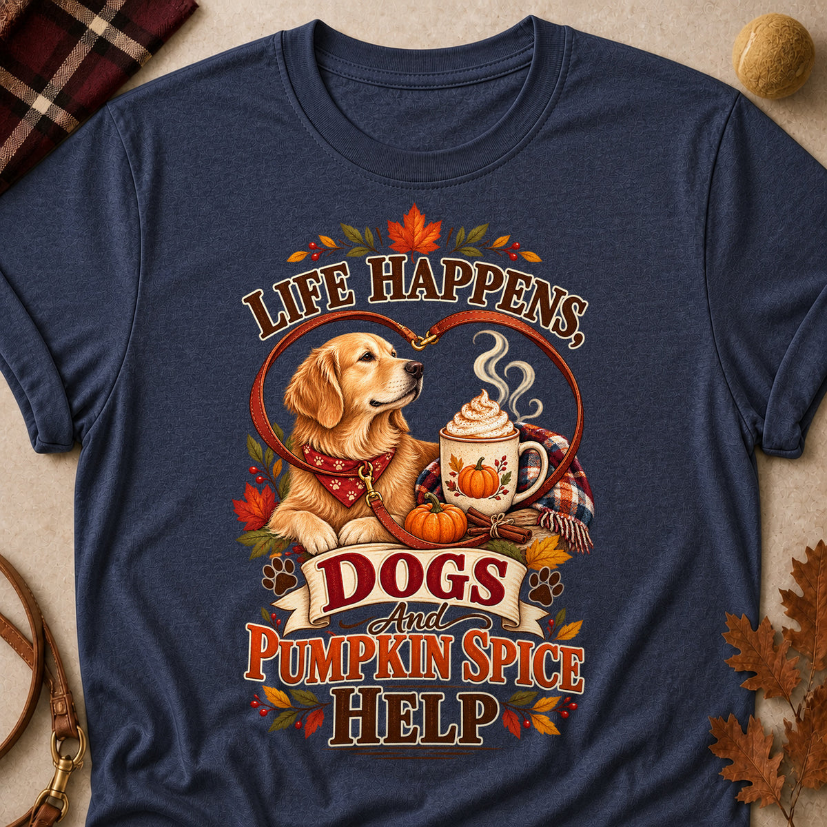 Life Happens Dogs Pumpkin Spice Colored Print T-Shirt - Heather Navy - Brooke & Belle