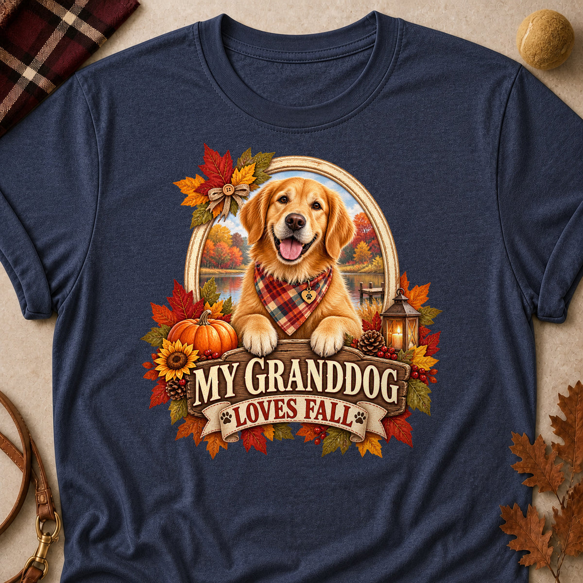 Granddog Loves Fall Colored Print T-Shirt - Heather Navy - Brooke & Belle