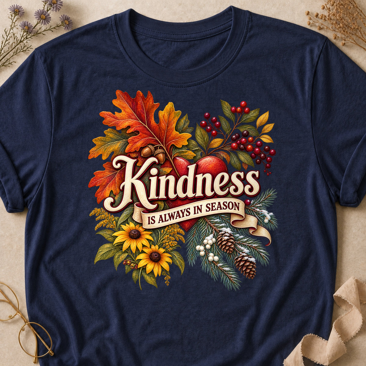 Kindness Always In Season Colored Print T-Shirt - Heather Navy - Brooke & Belle