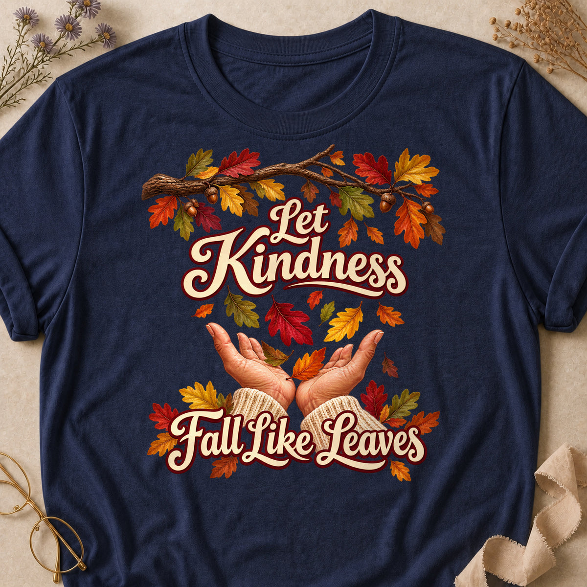 Let Kindness Fall Leaves Colored Print T-Shirt - Heather Navy - Brooke & Belle