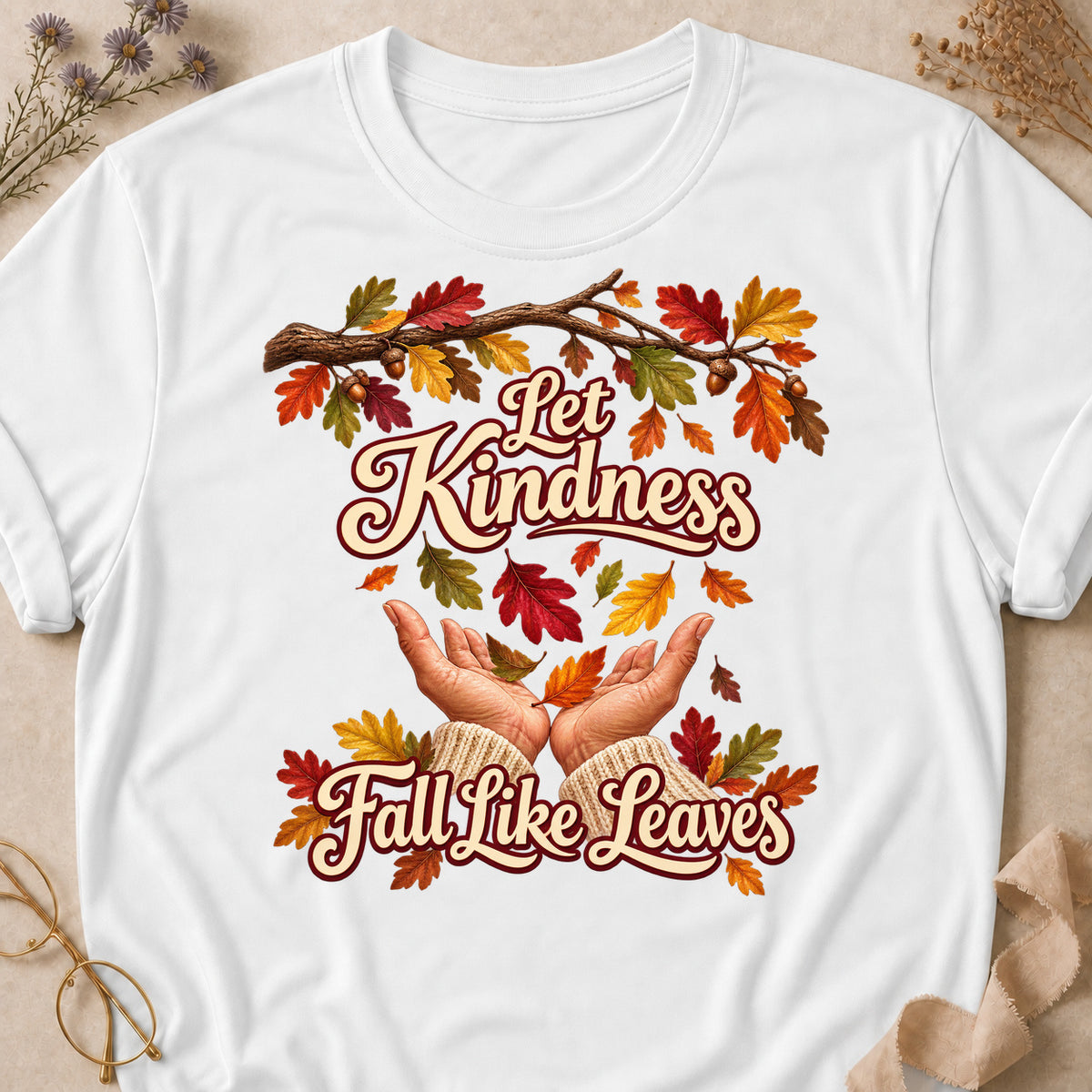 Let Kindness Fall Leaves Colored Print T-Shirt - White - Brooke & Belle