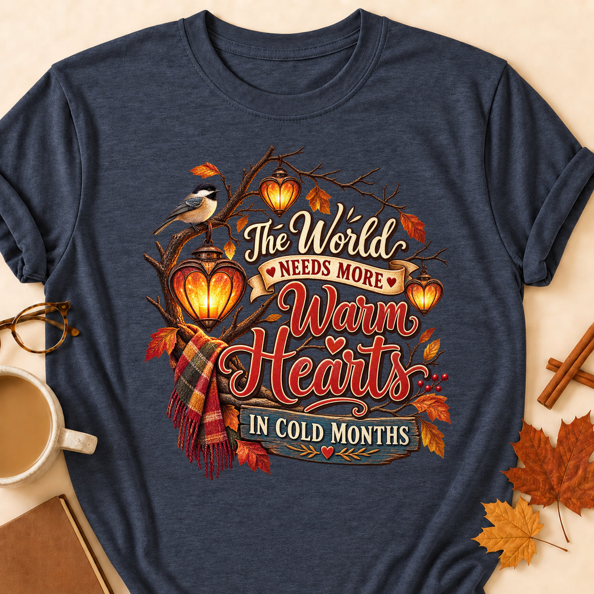 Warm Hearts Cold Months Colored Print T-Shirt - Heather Navy - Brooke & Belle