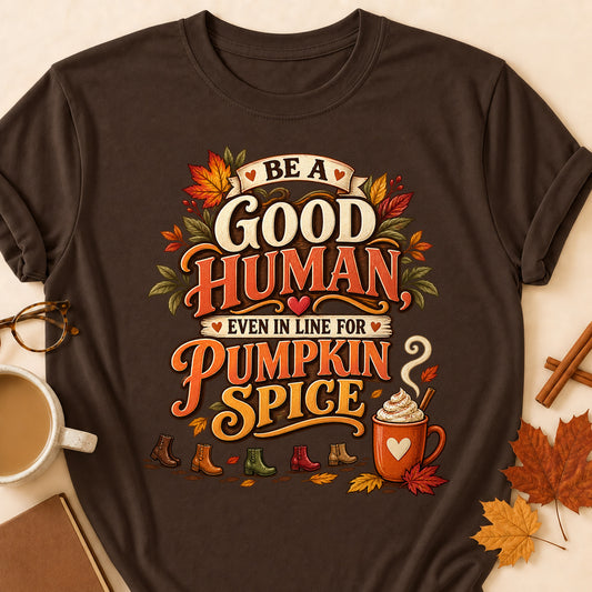 Good Human Pumpkin Spice Colored Print T-Shirt - Dark Chocolate - Brooke & Belle