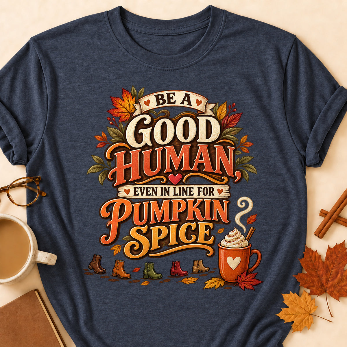 Good Human Pumpkin Spice Colored Print T-Shirt - Heather Navy - Brooke & Belle