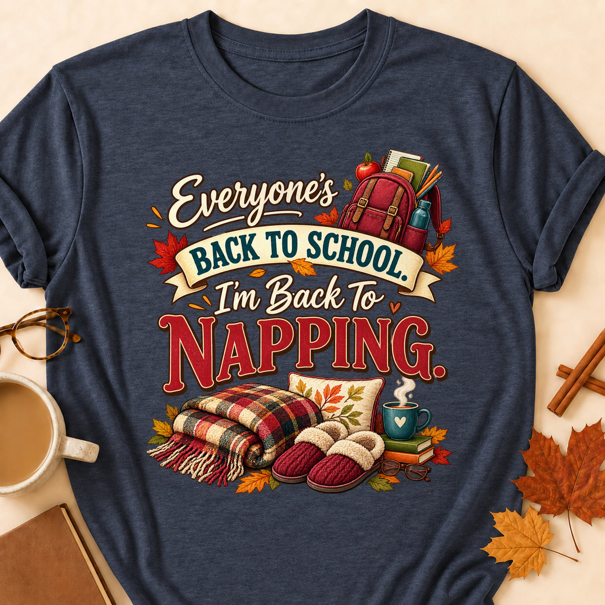 Back To School Napping Colored Print T-Shirt - Heather Navy - Brooke & Belle