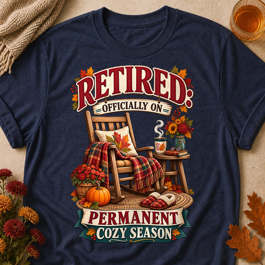 Retired Permanent Cozy Season Colored Print T-Shirt - Heather Navy - Brooke & Belle