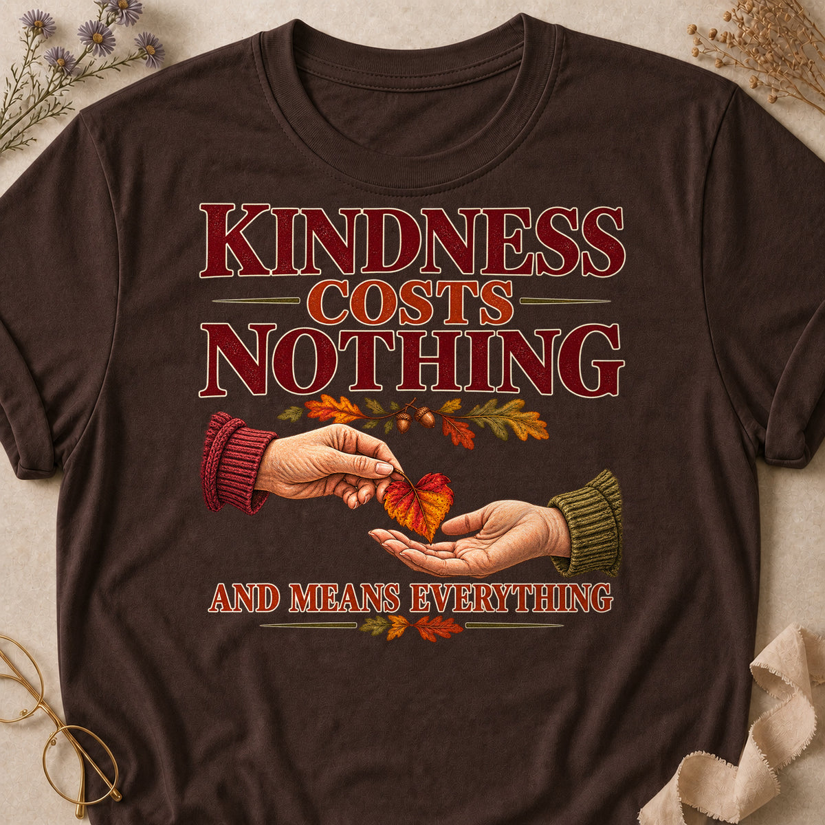 Kindness Costs Nothing And Means Everything Fall Colored Print T-Shirt - Dark Chocolate - Brooke & Belle
